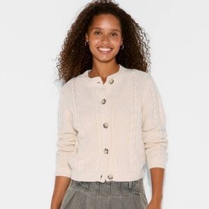 NWT Women's Crewneck Heritage Cable Cardigan Wild Fable Off-White XS runs large